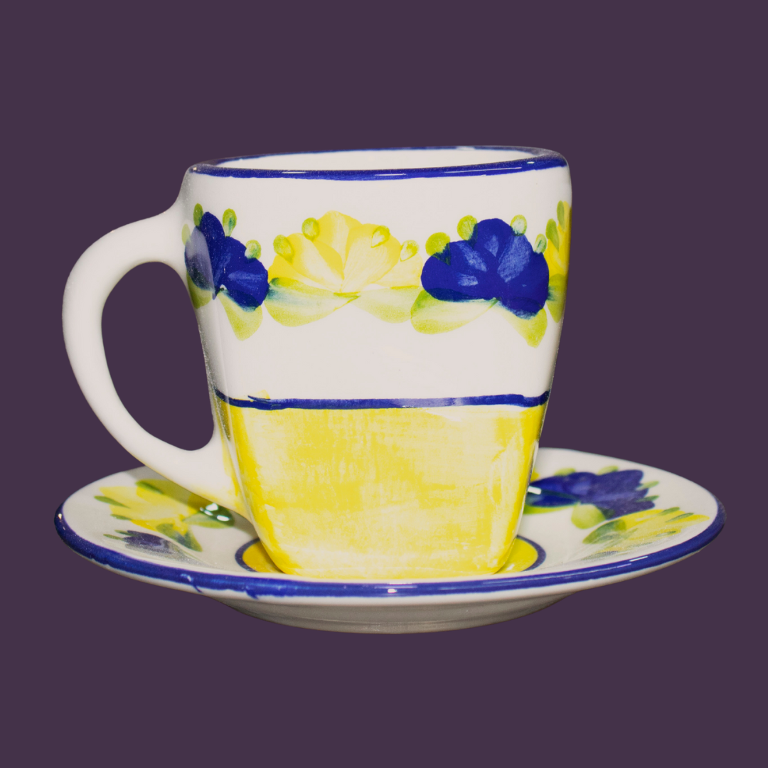 Juego de té cuadrado| Pompón Amarillo/Azul Cobalto