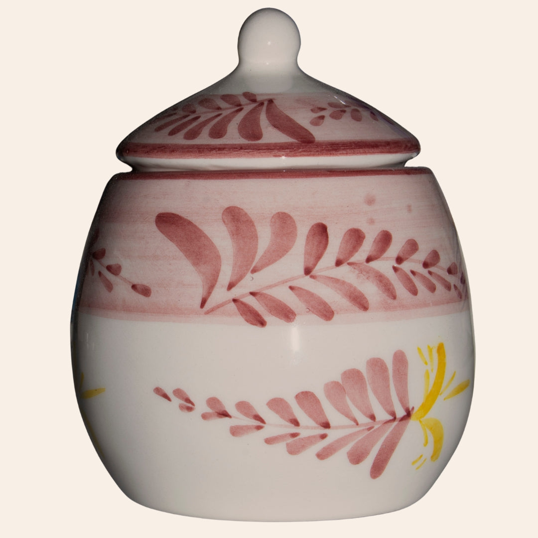 Azucarera Río con tapa, cerámica artesanal decoración floral Astromelia Vinotinto, hecha a mano en El Carmen de Viboral