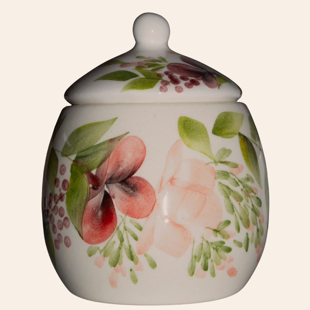 Azucarera Río con tapa, cerámica artesanal decoración floral Azalea rosada, hecha a mano en El Carmen de Viboral
