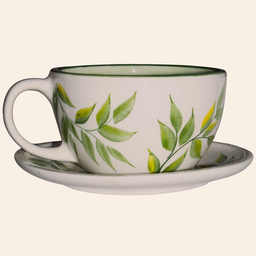 Juego de té París, mug boca ancha con plato, cerámica artesanal decoración Nido Verde hojas, hecha a mano en El Carmen de Viboral