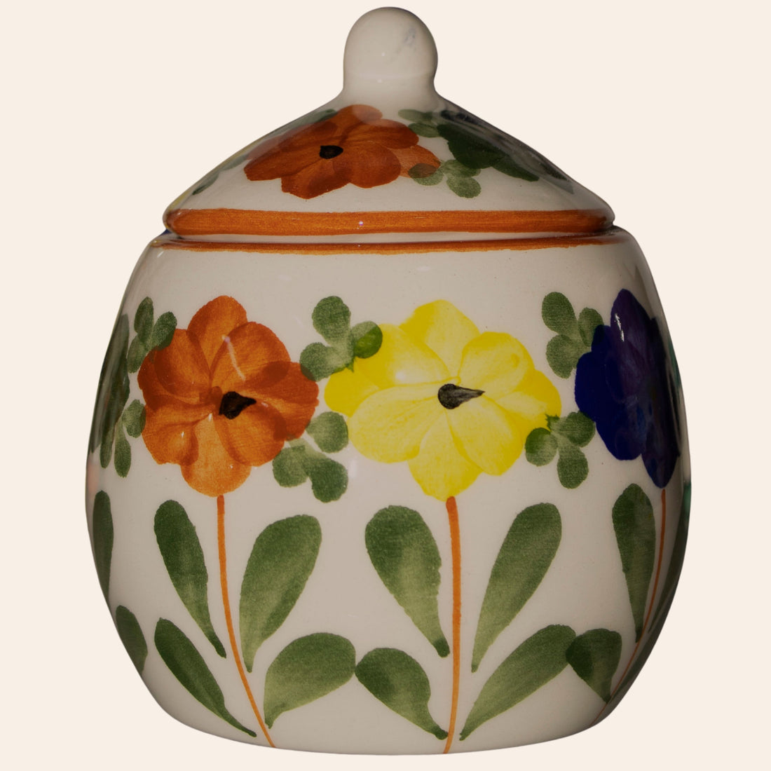 Azucarera Río con tapa, diseño Viboral pintado a mano en cerámica de El Carmen de Viboral, Colombia
